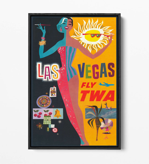 RETRO LAS VEGAS TRAVEL POSTER -FLOAT EFFECT CANVAS ART PRINT- YELLOW BLACK PINK