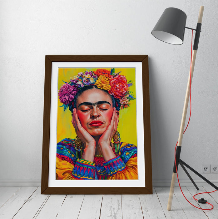 Frida Kahlo Wall Art – Colourful Portrait Print With Natural Wood Frame
