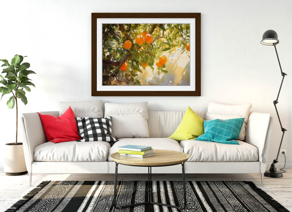 Orange Tree Wall Art - Framed Botanical Poster Print With Woodgrain Frame