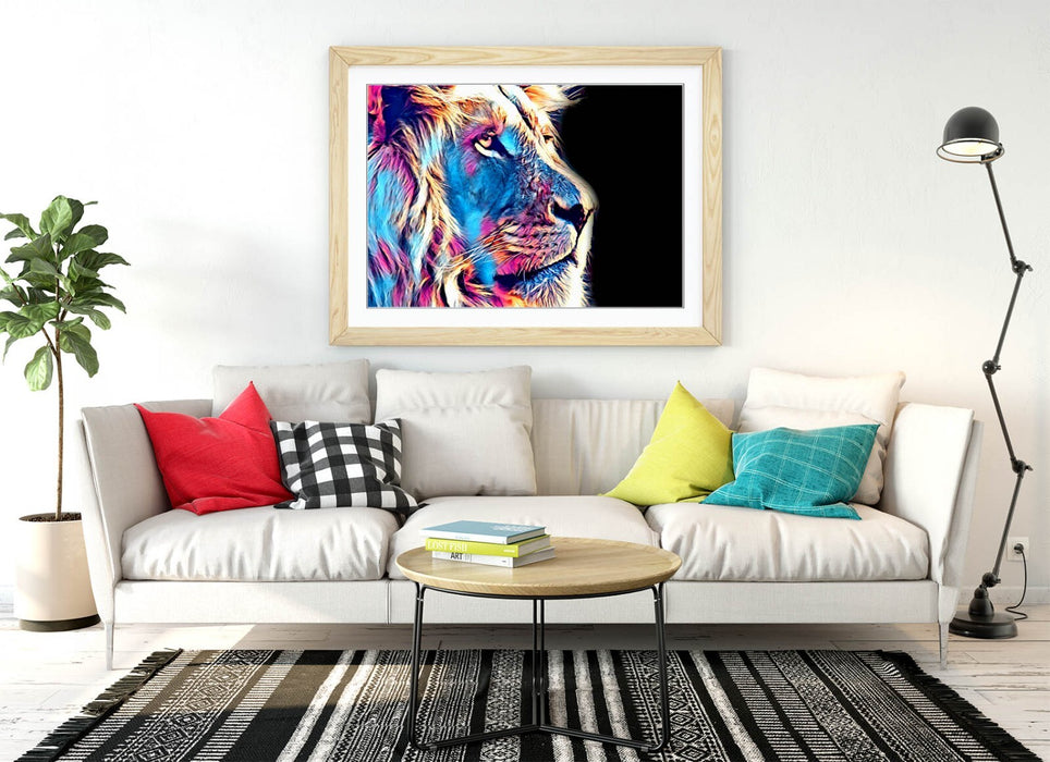 PURPLE BLUE LION SKETCH BLACK BACKGROUND 2 -FRAMED ART POSTER PICTURE PRINT
