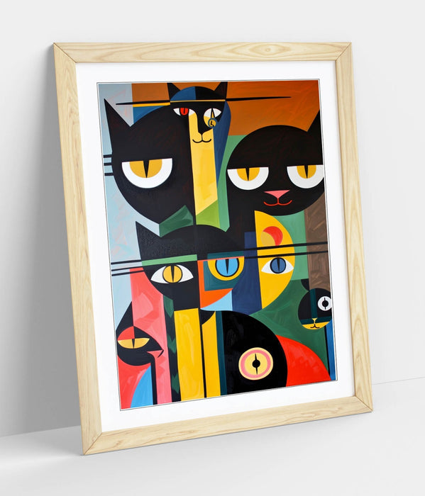 Bauhaus Cat Wall Art – Abstract Cat Poster Framed Wall Decor in Wood Grain Frame