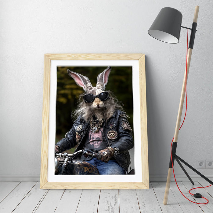Framed Wall Art Poster - Funny Biker Rabbit Print With High Quality Wood Frame