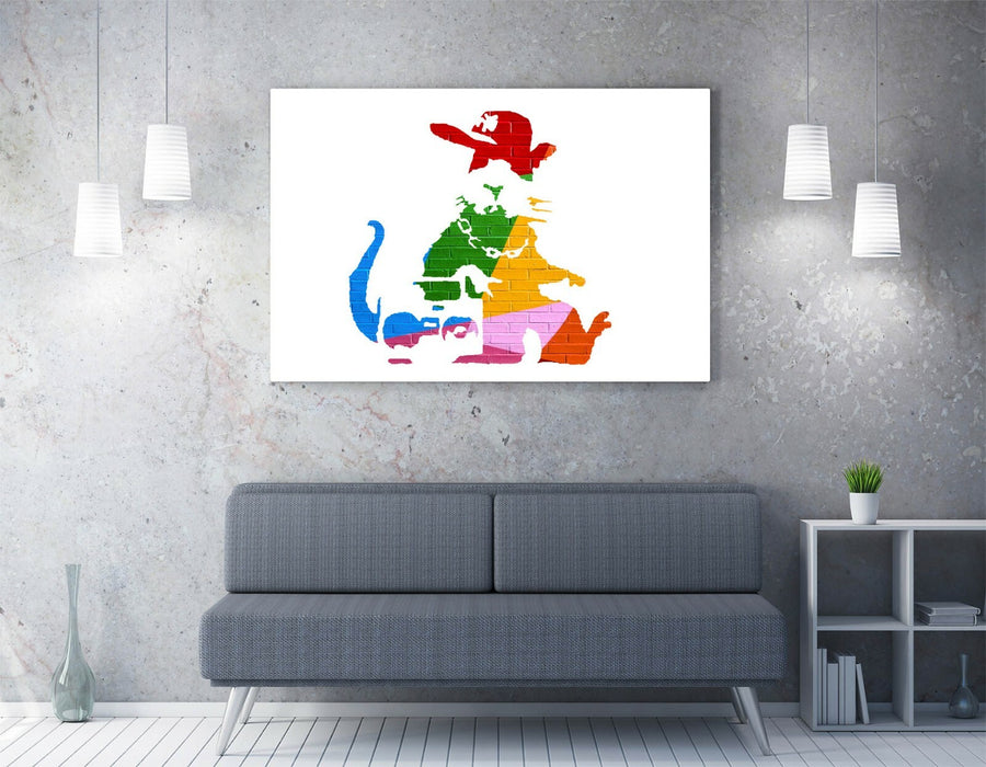 BANKSY, GANGSTA RAT RAINBOW WALL EFFECT -CANVAS WALL ART PRINT ARTWORK FRAMED