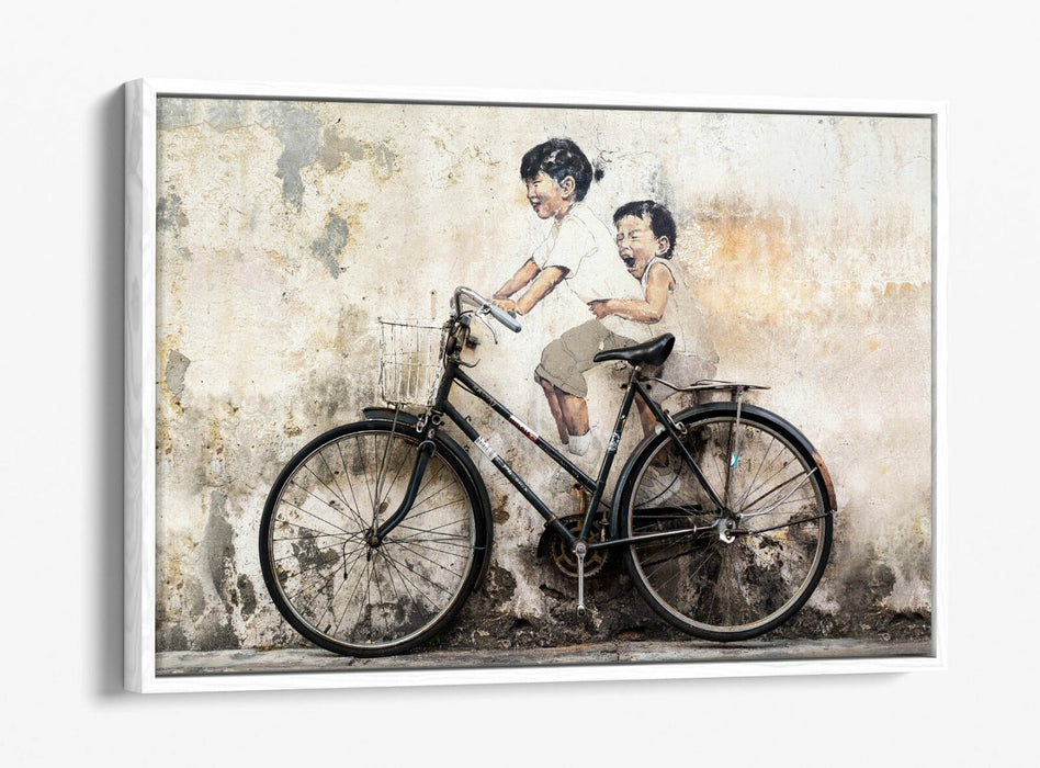 KIDS ON BIKE -FLOAT EFFECT CANVAS WALL ART PIC PRINT- BEIGE GREY BLACK