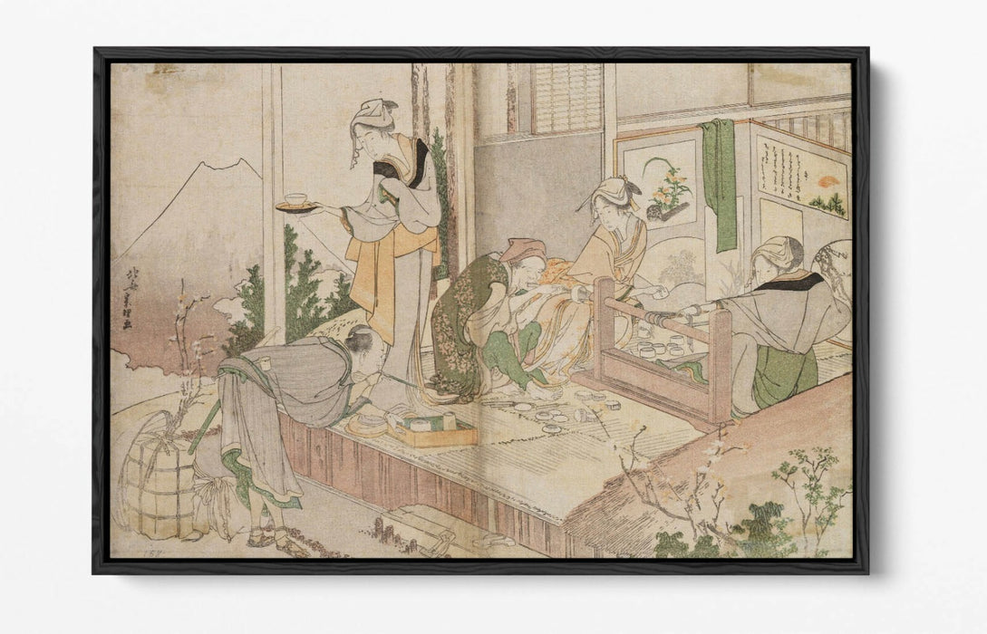 HOKUSAI, UNTITLED FAMILY SCENE -FLOAT EFFECT CANVAS WALL ART PIC PRINT- JAPANESE
