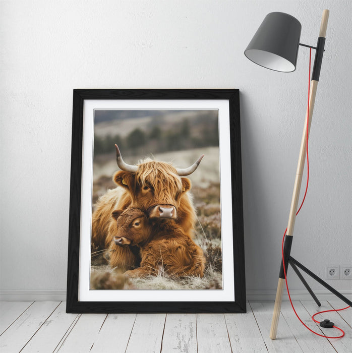 Highland Cow Wall Art – Framed Mother And Calf Animal Poster Print 4 Sizes