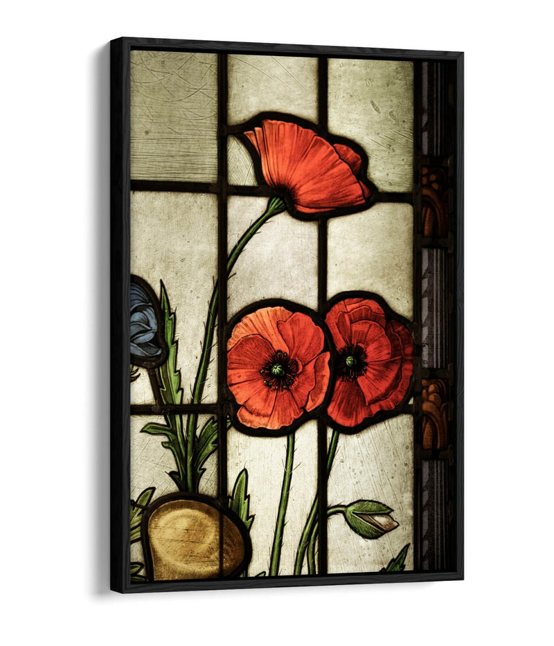 Float Effect Canvas Art - Stained Glass Poppies, Red Beige Wall Decor, Handmade UK