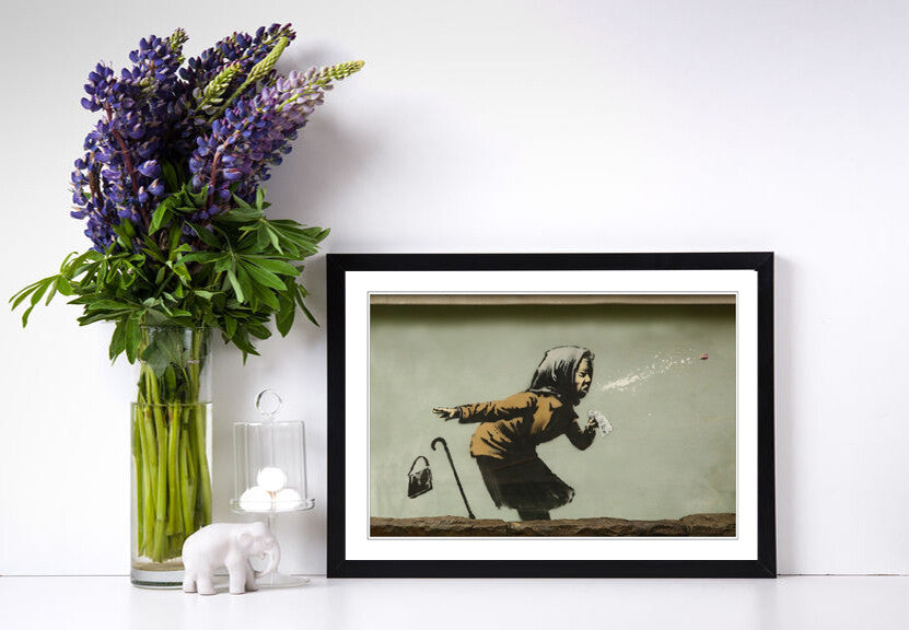 Banksy Framed Poster – Handmade Urban Street Art Print with Woodgrain Frame