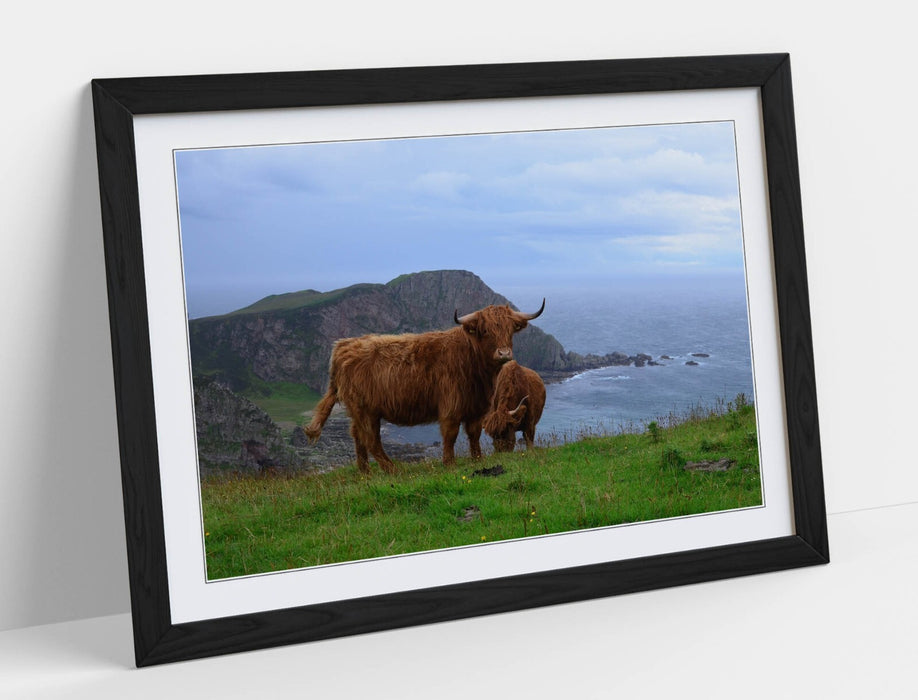 Highland Cows Wall Art – Framed Coastal Landscape Print With Woodgrain Frame