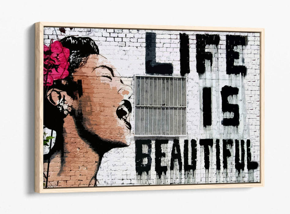 BANKSY LIFE IS BEAUTIFUL -FLOAT EFFECT CANVAS WALL ART PIC PRINT- PINK BLACK