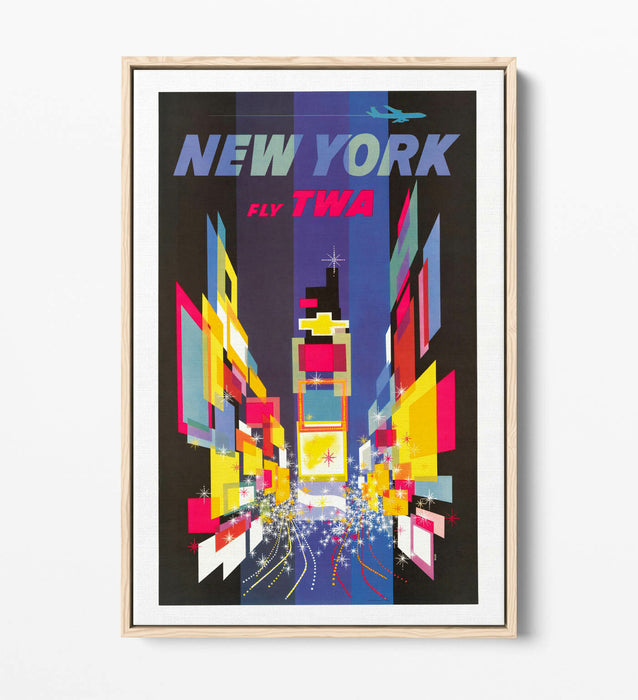 RETRO NEW YORK TRAVEL POSTER -FLOAT EFFECT CANVAS ART PRINT- YELLOW BLUE PINK