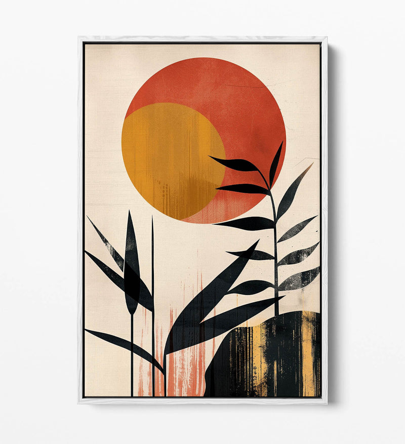 Boho Canvas Art - Minimalist Wall Decor | Sun And Plants Print | Float Effect Canvas