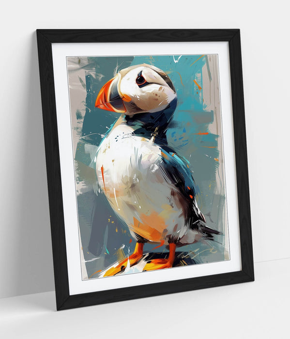 Puffin Wall Art - Framed Bird Poster with Woodgrain Frame for Bedroom Decor