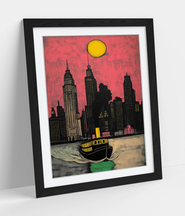 Framed Wall Art Poster – Pink River Steamboat Print With Wood Grain Frame