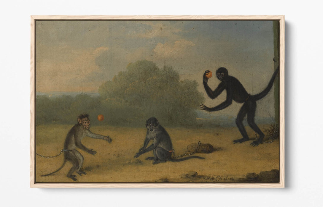 HENRY BERNARD CHALON, THREE MONKEYS AT PLAY -FLOAT EFFECT CANVAS WALL ART PRINT
