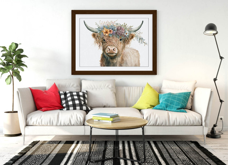 Highland Cow Wall Art – Framed Flower Crown Poster | Rustic Home Decor UK Handmade