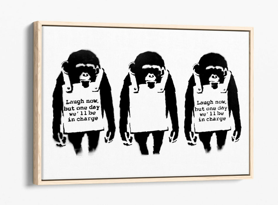 BANKSY LAUGH NOW -FLOAT EFFECT CANVAS WALL ART PIC PRINT- BLACK & WHITE