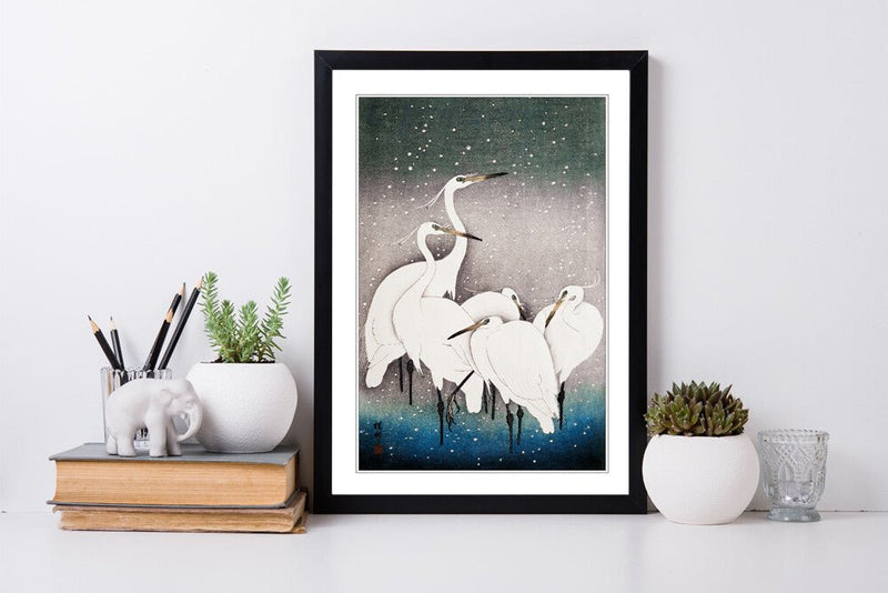Oriental Framed Wall Art – Japanese Crane Poster with Woodgrain Frame Design