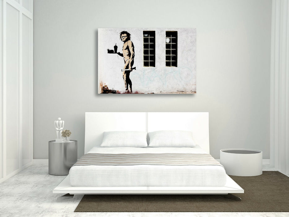 BANKSY FAST FOOD CAVEMAN CANVAS WALL ART PRINT ARTWORK GRAFFITI DEEP FRAMED