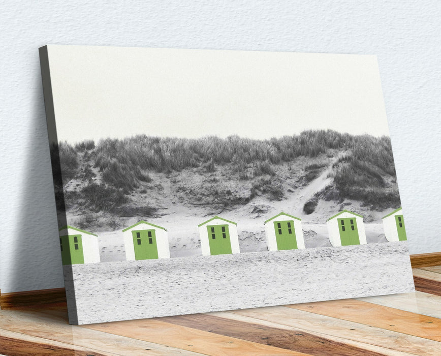 Beach Huts Canvas Art – Green Black White Coastal Wall Decor Print Ready to Hang