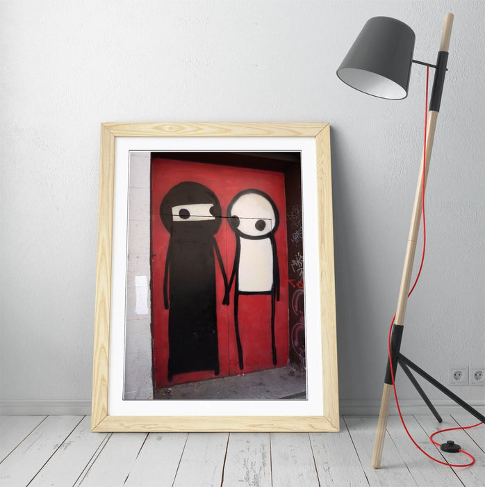 Framed Graffiti Art – STIK Muslim Stick Character Print with Faux Wood Frame