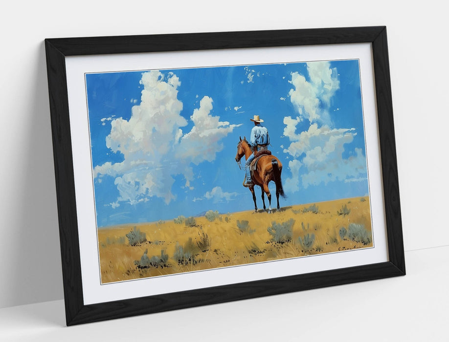 Framed Wall Art Poster – Cowboy Wall Art With Blue Sky & Natural Wood Frame