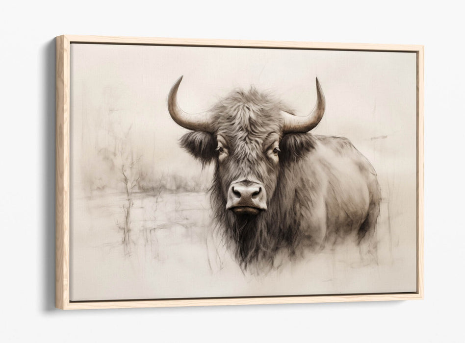 Highland Cow Canvas | Charcoal Sketch Print on Float Effect Canvas Wall Art