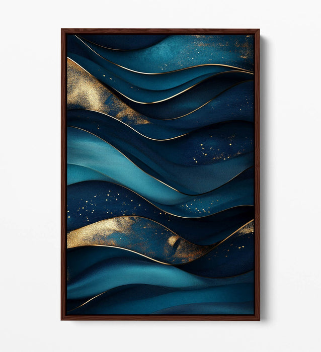 Canvas Wall Art - Blue Gold Wavy Pattern Abstract Print | Float Effect, Ready To Hang