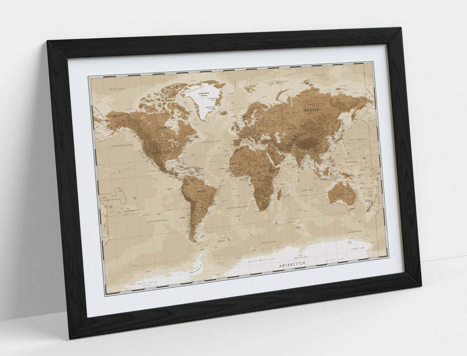 VINTAGE WORLD MAP -ART FRAMED POSTER PICTURE PRINT ARTWORK- BEIGE