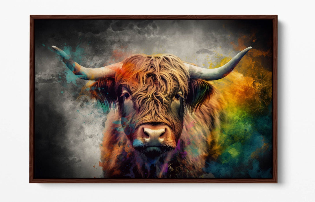 Canvas Wall Art – Highland Cow Multi Colour Print | Float Effect Frame, Handmade