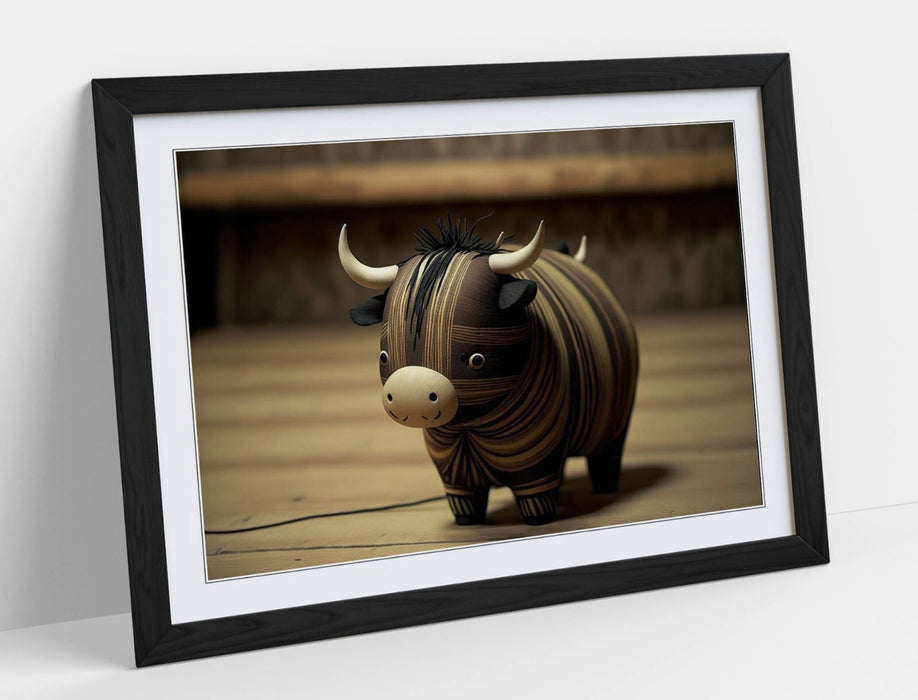 Wooden Highland Cow Art – Framed Wall Art With Wood Grain Frame | Rustic Animal Decor