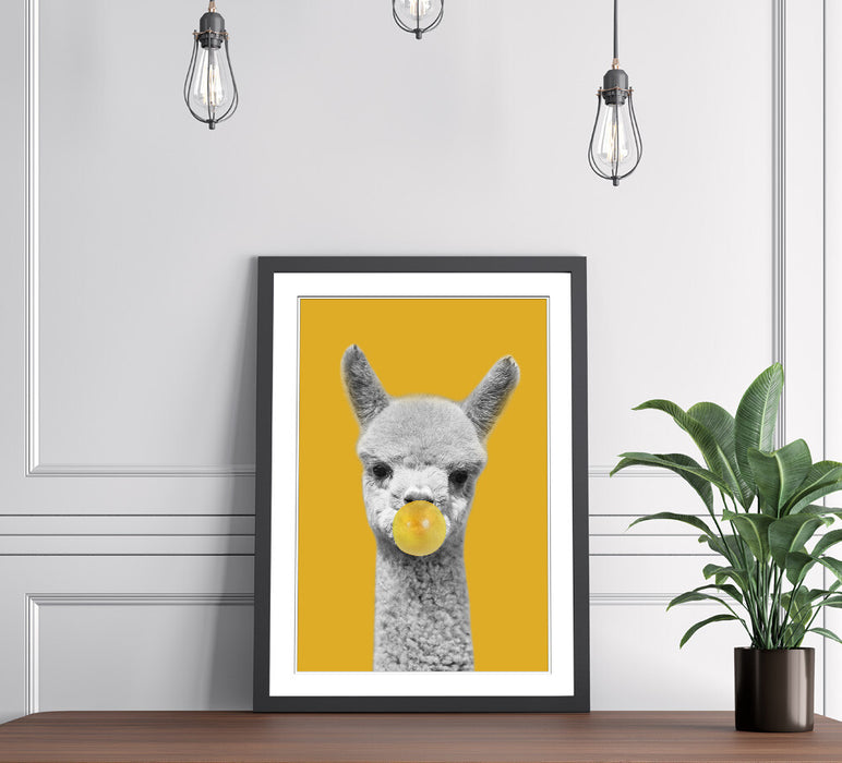 Framed Poster Wall Art – Happy Alpaca Print With Mustard Yellow Decor & Woodgrain Frame