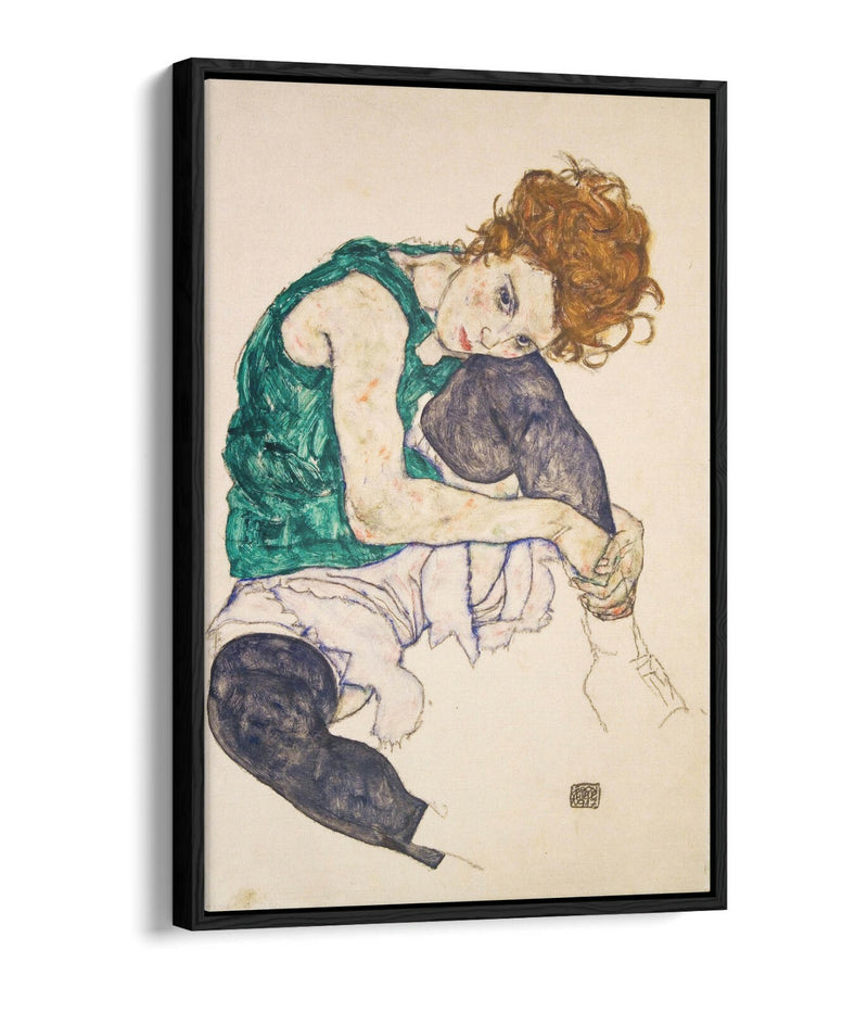 Canvas Wall Art - Egon Schiele, Seated Woman With Legs - Float Effect Print Green