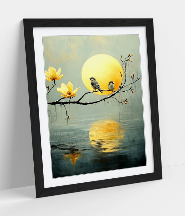 Framed Wall Art - Pretty Birds Perched on Tree Over Water Scene Artwork Print