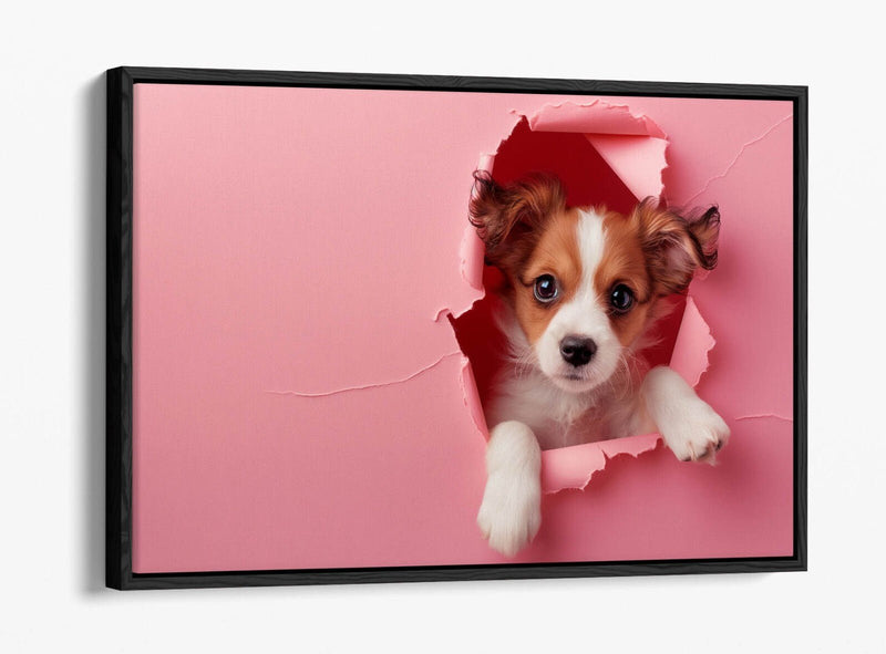 Puppy Canvas Art - Cute Puppy Print On Pink Wall Decor | Float Effect Canvas