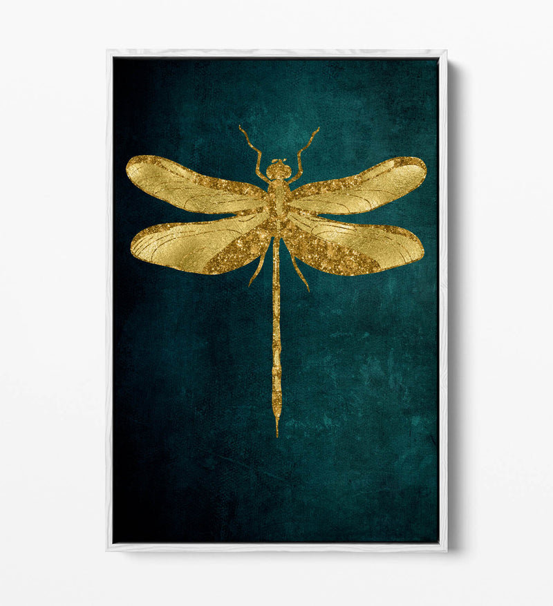 Canvas Wall Art – Gold Dragonfly On Dark Teal Background | Float Effect Print