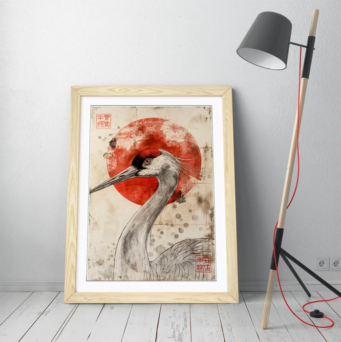 Asian Framed Wall Art – Portrait Crane Print With Red Sun | Handmade UK Frame