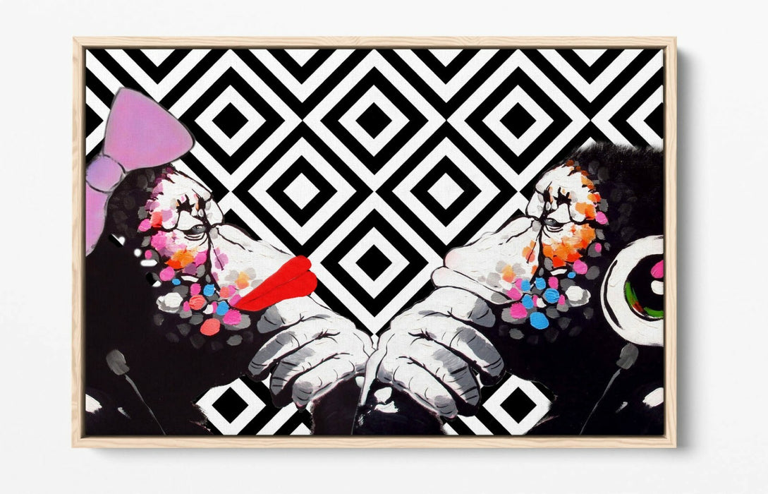 BANKSY MONKEY THINKERS DUO -FLOAT EFFECT CANVAS WALL ART PIC PRINT- BLACK WHITE
