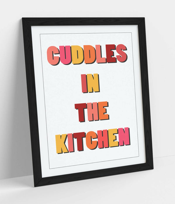 "CUDDLES IN THE KITCHEN" HAPPY FUN QUOTE -FRAMED WALL ART PICTURE PRINT- ORANGE