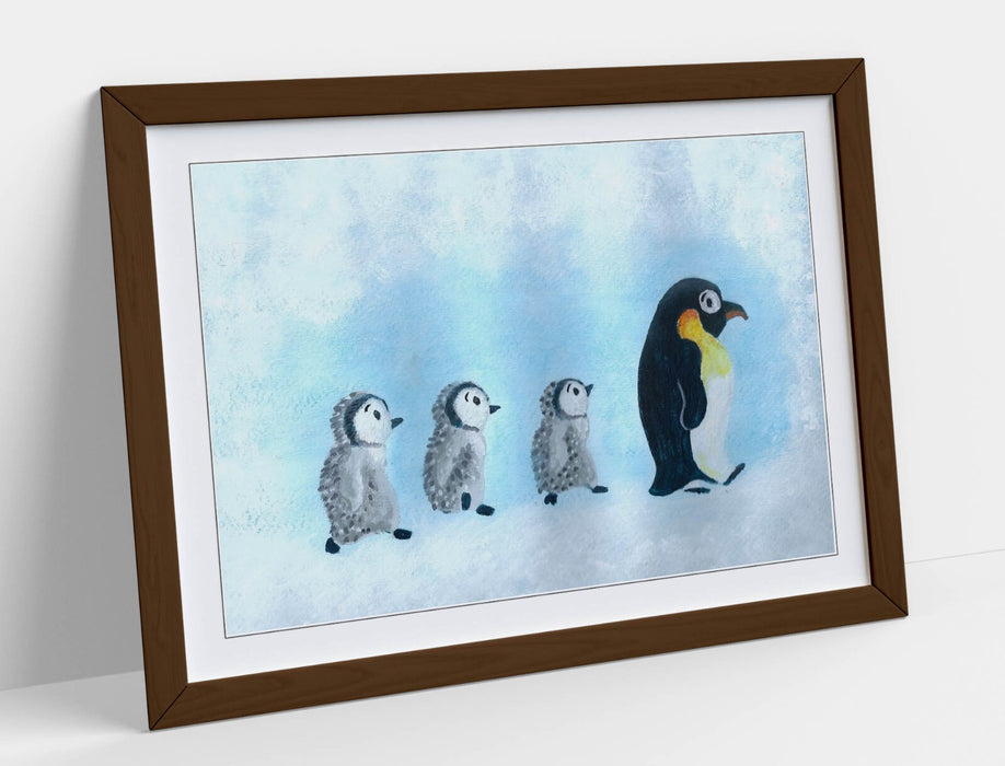 Baby Penguin Wall Art - Framed Art Print With Woodgrain Frame | Cute Animal Artwork
