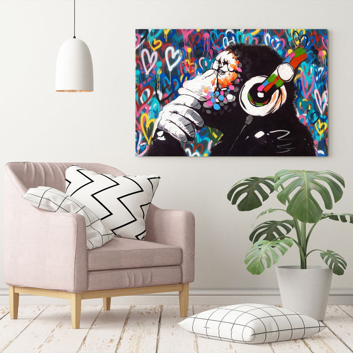 MONKEY DJ BANKSY LOVE WALL CANVAS STREET ART PICTURE PRINT FRAMED  -  GORILLA