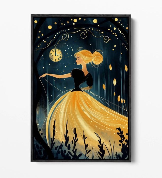 Kids Canvas Wall Art - Gold Cinderella Print With Float Effect & Premium Frame