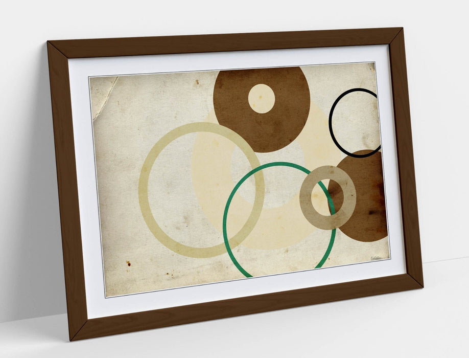 Abstract Framed Poster - Brown Abstract Shapes Bedroom Wall Art with Woodgrain Frame