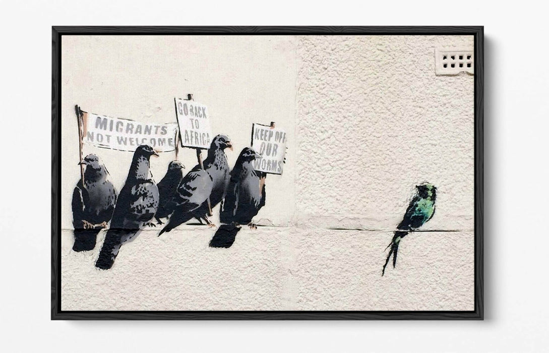 BANKSY RACIST PIGEONS -FLOAT EFFECT CANVAS WALL ART PIC PRINT- BEIGE GREEN WHITE