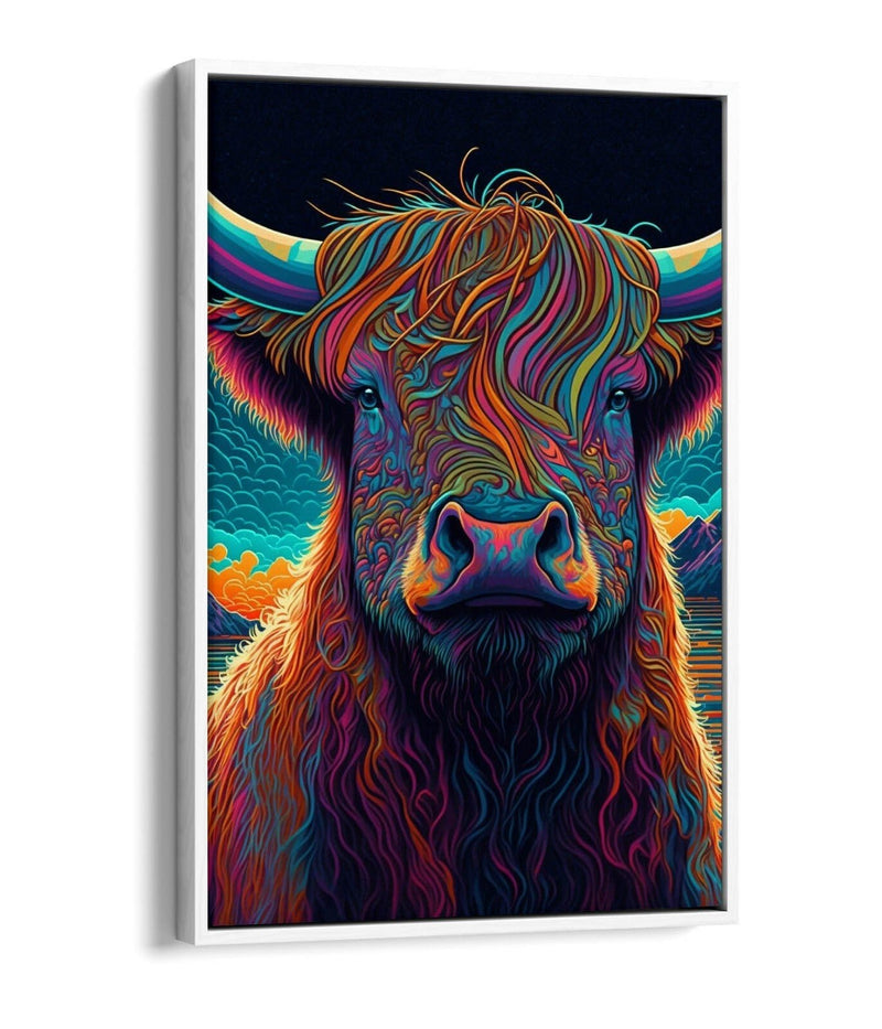 Highland Cow Canvas - Vibrant Colorful Cow Portrait | Float Effect Wall Art