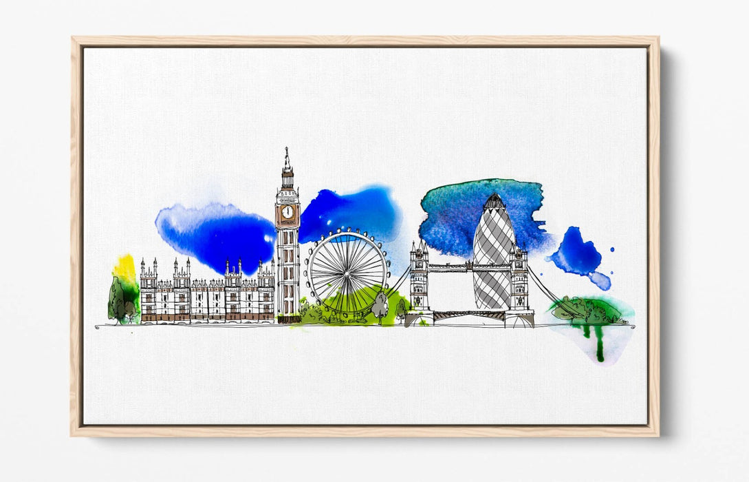 Canvas Wall Art – London Cityscape Watercolour Float Effect on MDF Frame