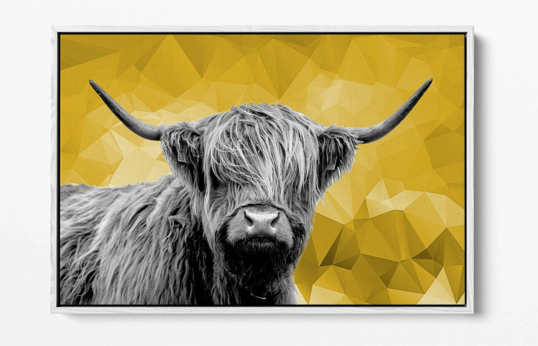 HIGHLAND COW MUSTARD YELLOW GEOMETRIC -FLOAT EFFECT CANVAS WALL ART PIC PRINT-