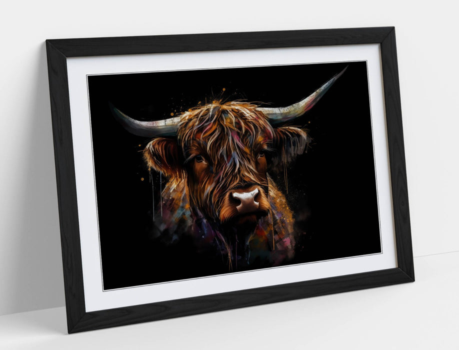 Highland Cow Wall Art - Framed Splash Art Print With Black Background Decor