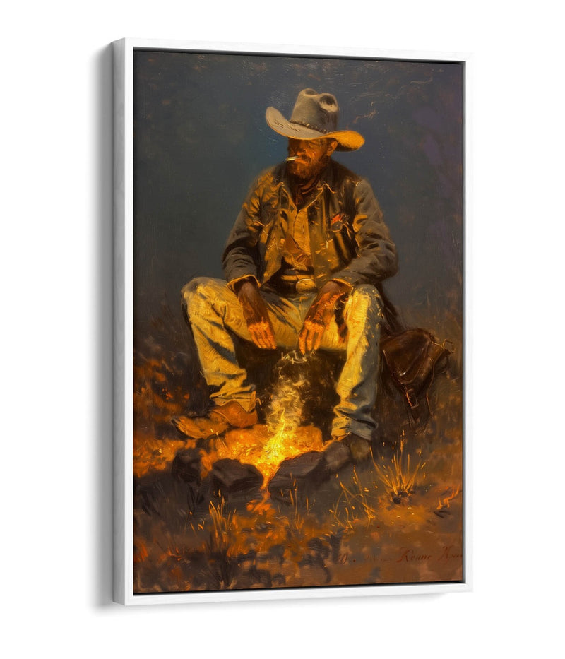 Canvas Art Print – Western Cowboy Campfire Scene With Premium Float Frame