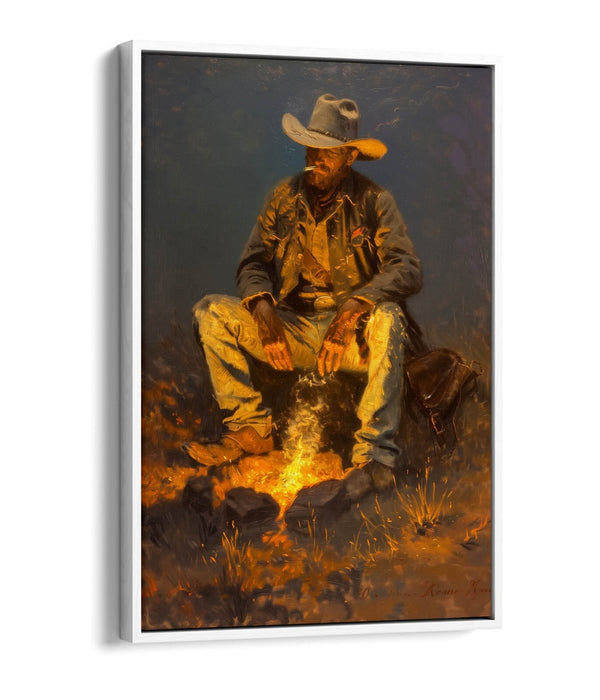 Canvas Art Print – Western Cowboy Campfire Scene With Premium Float Frame